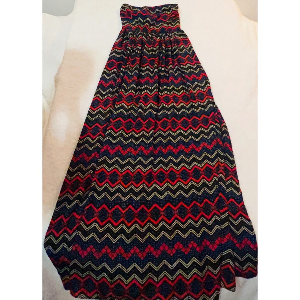 YA Los Angeles Strapless Maxi Dress Red Black Chevron Zig Zag Boho Small
